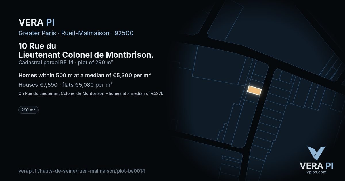 10 Rue du Lieutenant Colonel de Montbrison, Rueil-Malmaison at night – the plot lit, the parcels around coloured by the prices near them