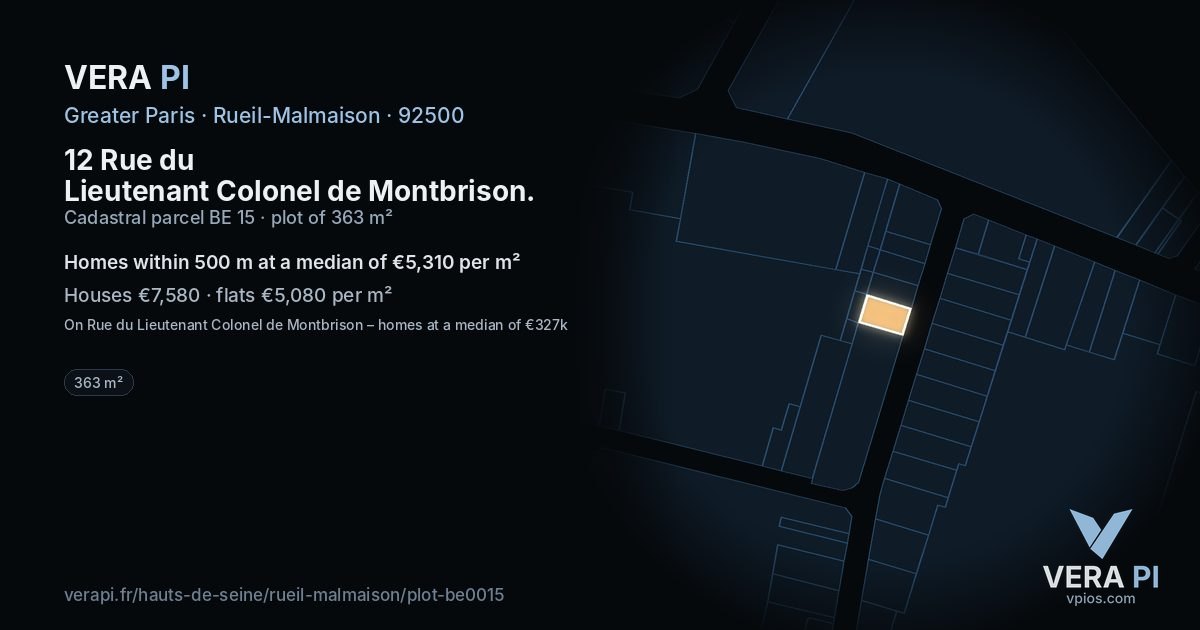 12 Rue du Lieutenant Colonel de Montbrison, Rueil-Malmaison at night – the plot lit, the parcels around coloured by the prices near them