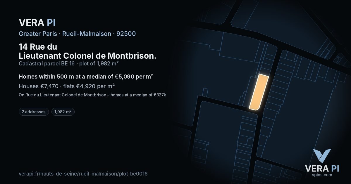 14 Rue du Lieutenant Colonel de Montbrison, Rueil-Malmaison at night – the plot lit, the parcels around coloured by the prices near them