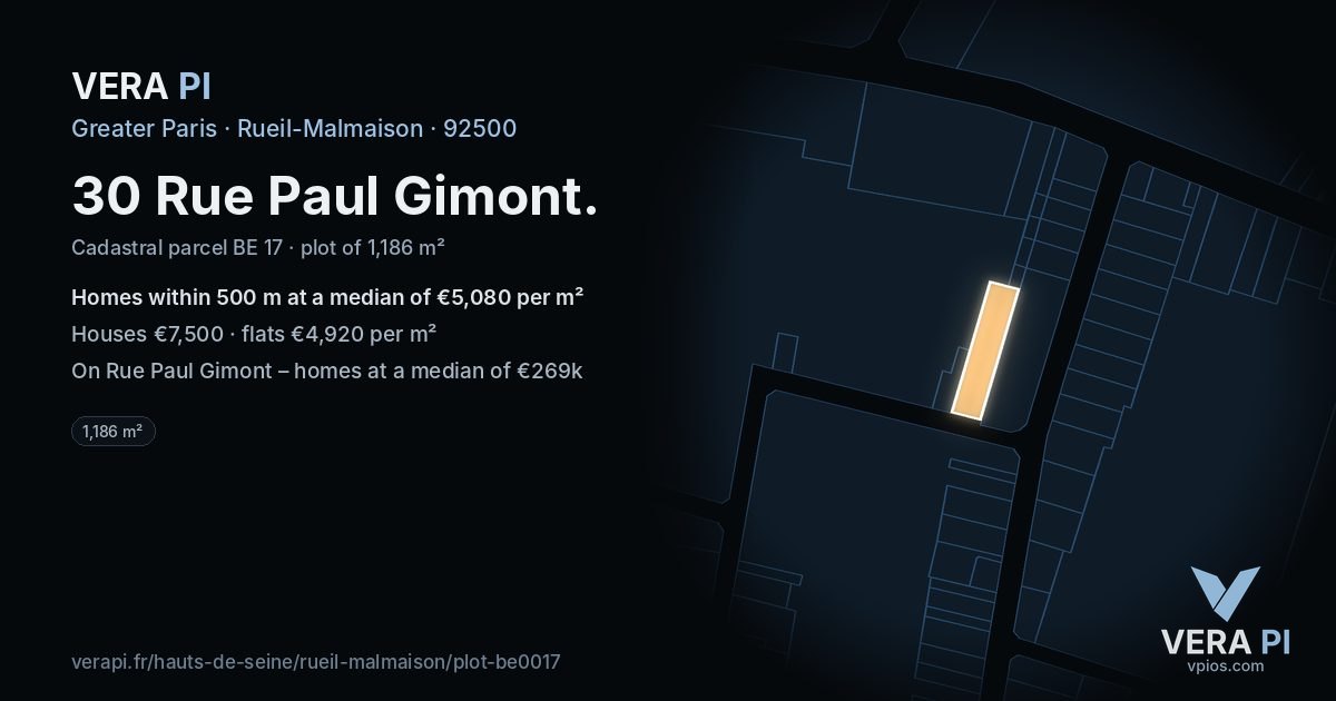 30 Rue Paul Gimont, Rueil-Malmaison at night – the plot lit, the parcels around coloured by the prices near them