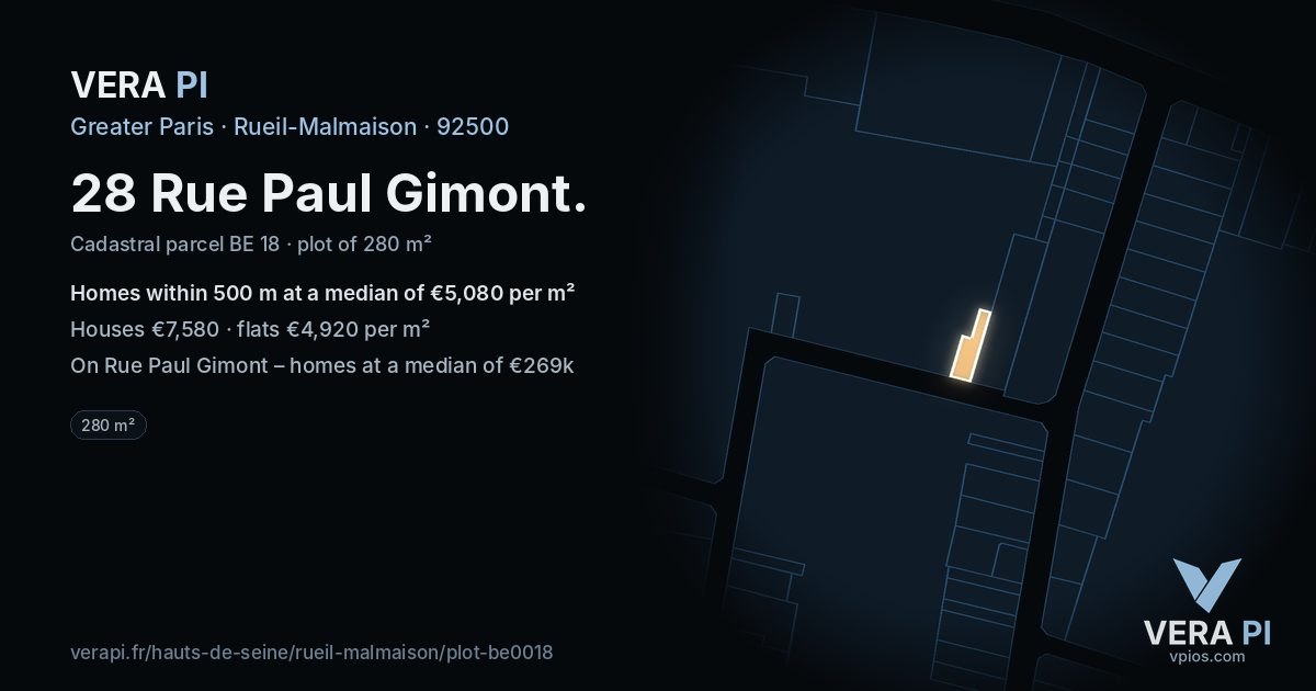 28 Rue Paul Gimont, Rueil-Malmaison at night – the plot lit, the parcels around coloured by the prices near them