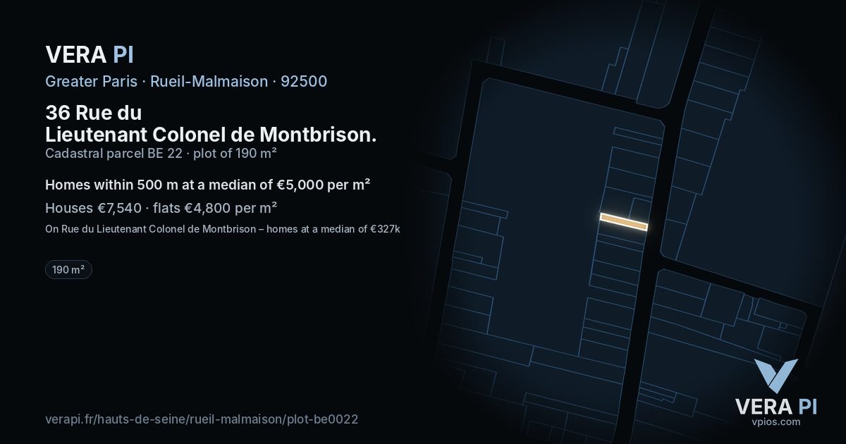 36 Rue du Lieutenant Colonel de Montbrison, Rueil-Malmaison at night – the plot lit, the parcels around coloured by the prices near them