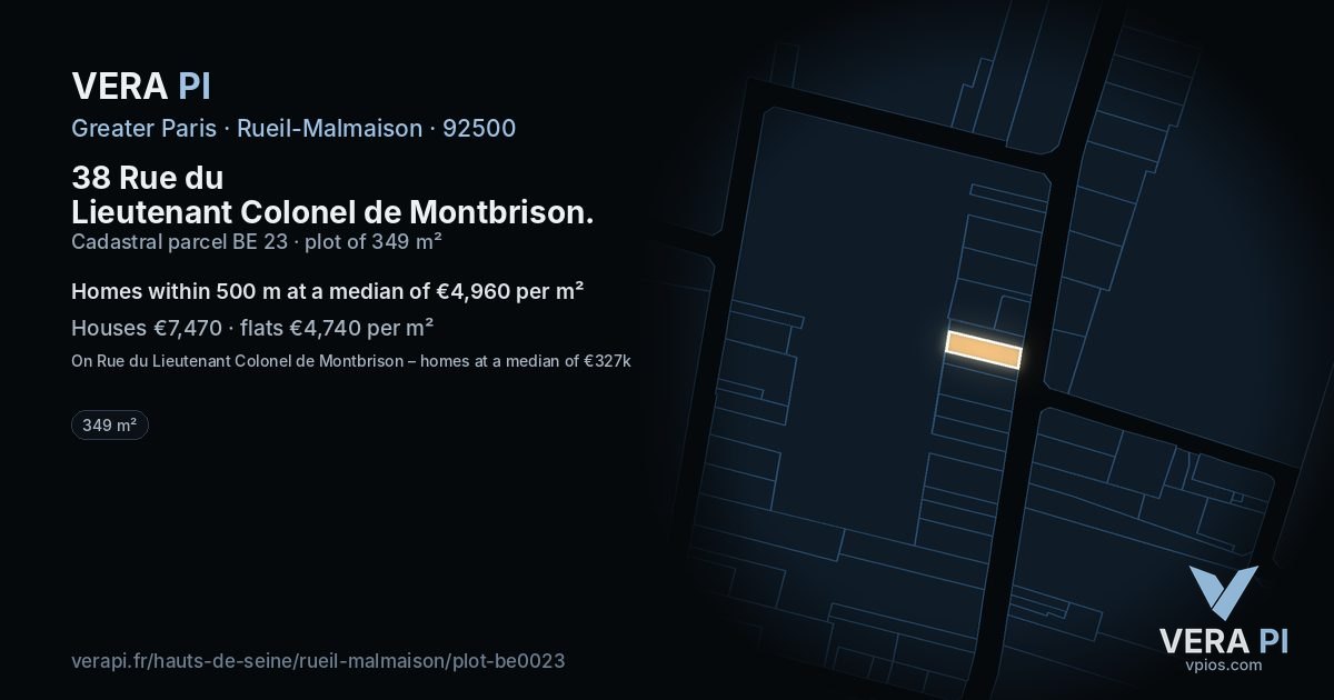 38 Rue du Lieutenant Colonel de Montbrison, Rueil-Malmaison at night – the plot lit, the parcels around coloured by the prices near them