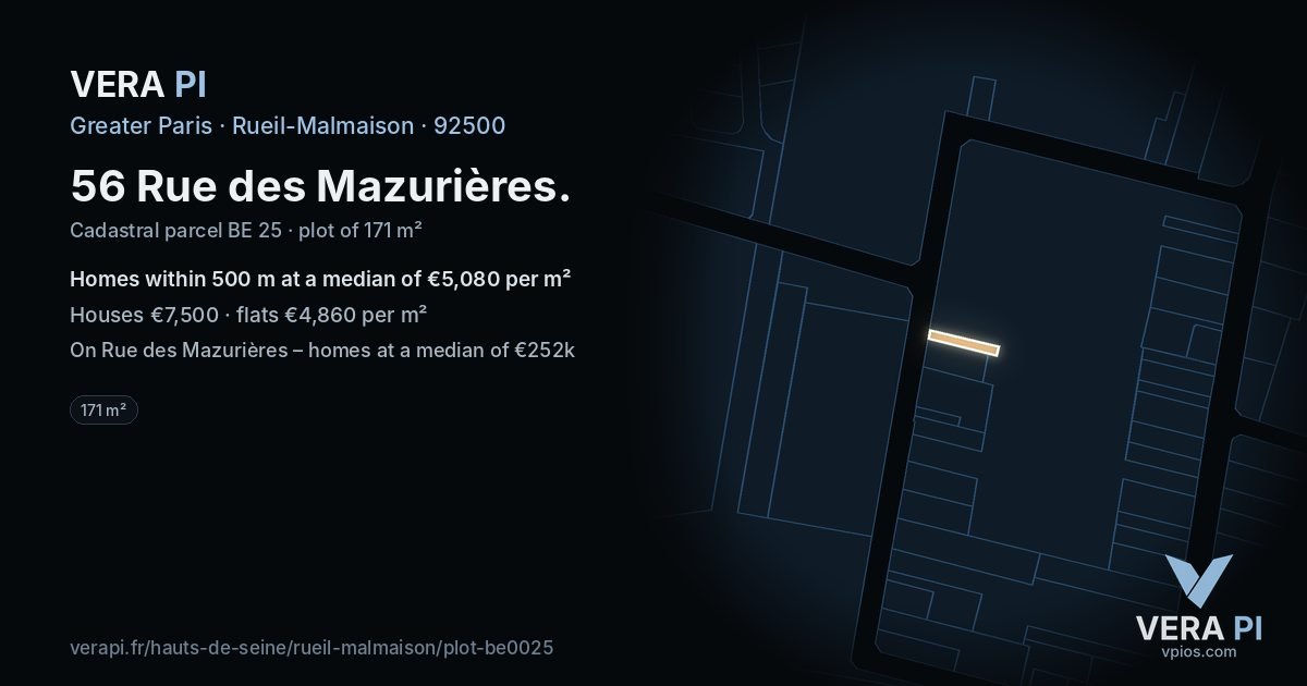 56 Rue des Mazurières, Rueil-Malmaison at night – the plot lit, the parcels around coloured by the prices near them