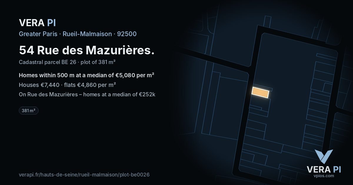 54 Rue des Mazurières, Rueil-Malmaison at night – the plot lit, the parcels around coloured by the prices near them