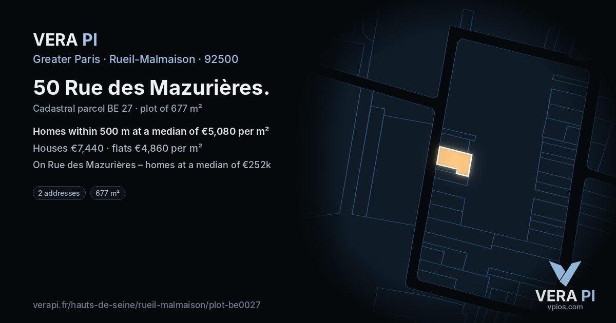 50 Rue des Mazurières, Rueil-Malmaison at night – the plot lit, the parcels around coloured by the prices near them