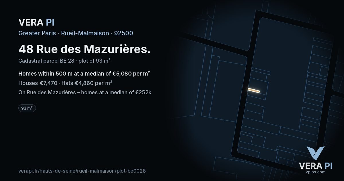 48 Rue des Mazurières, Rueil-Malmaison at night – the plot lit, the parcels around coloured by the prices near them