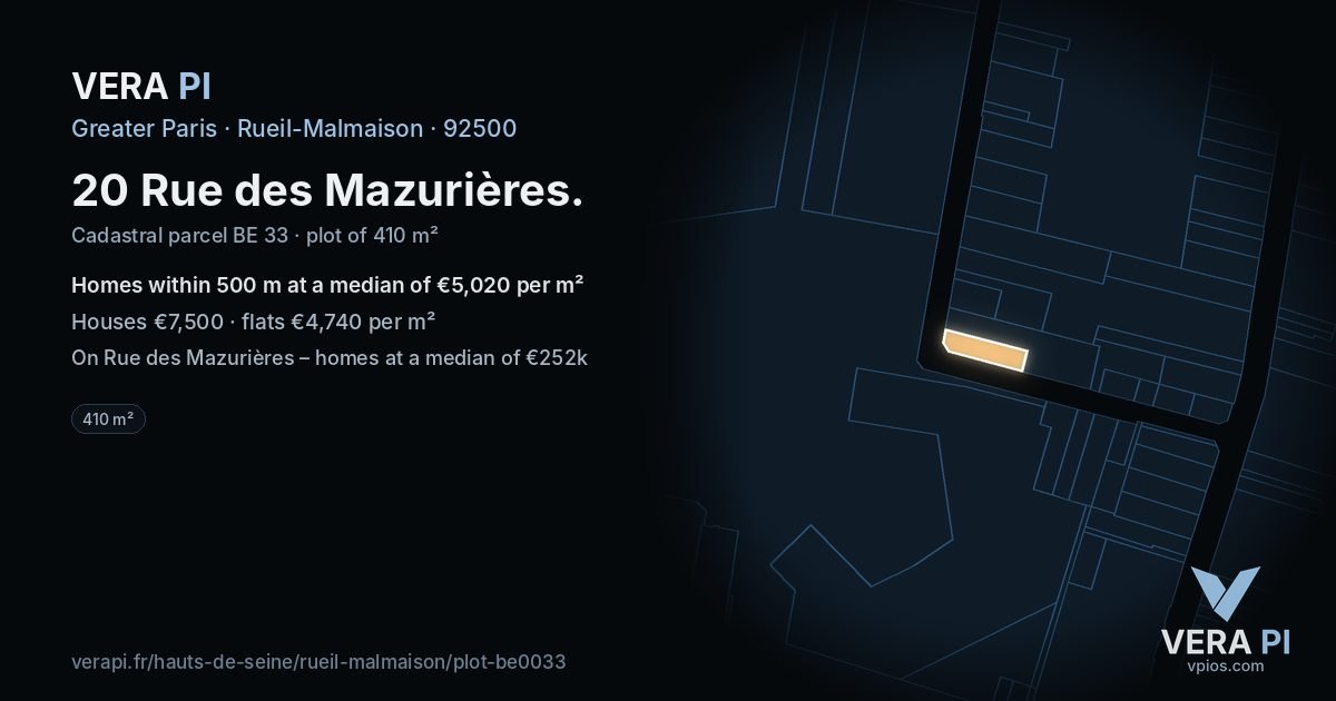 20 Rue des Mazurières, Rueil-Malmaison at night – the plot lit, the parcels around coloured by the prices near them