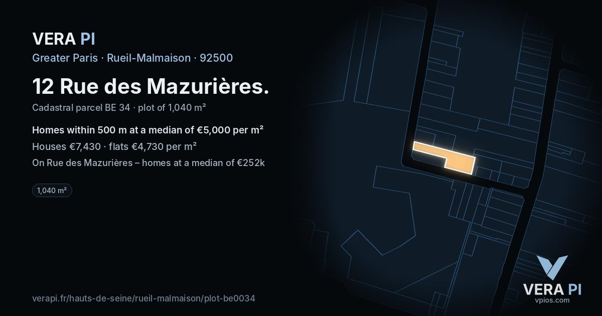 12 Rue des Mazurières, Rueil-Malmaison at night – the plot lit, the parcels around coloured by the prices near them