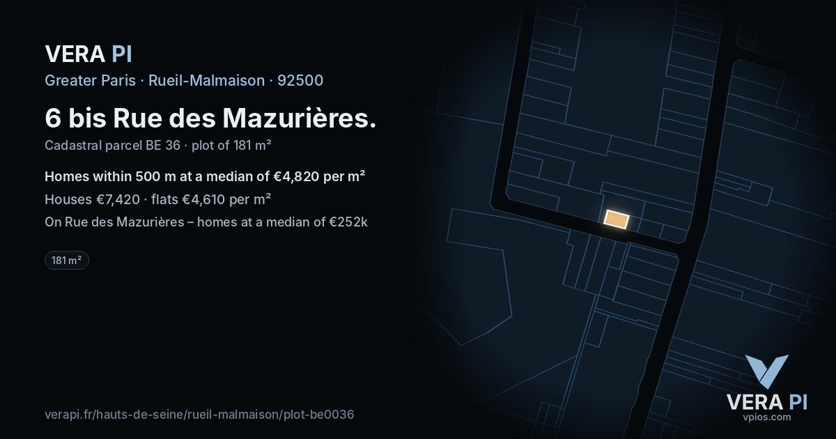 6 bis Rue des Mazurières, Rueil-Malmaison at night – the plot lit, the parcels around coloured by the prices near them
