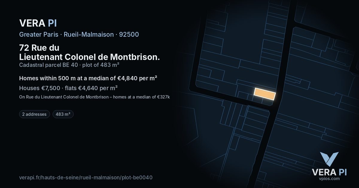 72 Rue du Lieutenant Colonel de Montbrison, Rueil-Malmaison at night – the plot lit, the parcels around coloured by the prices near them