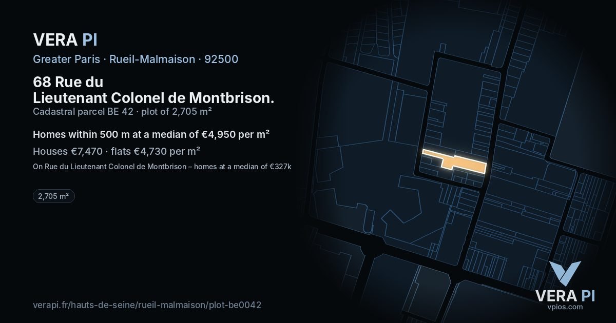 68 Rue du Lieutenant Colonel de Montbrison, Rueil-Malmaison at night – the plot lit, the parcels around coloured by the prices near them