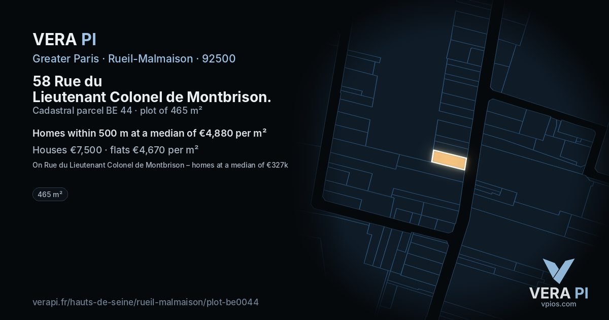 58 Rue du Lieutenant Colonel de Montbrison, Rueil-Malmaison at night – the plot lit, the parcels around coloured by the prices near them