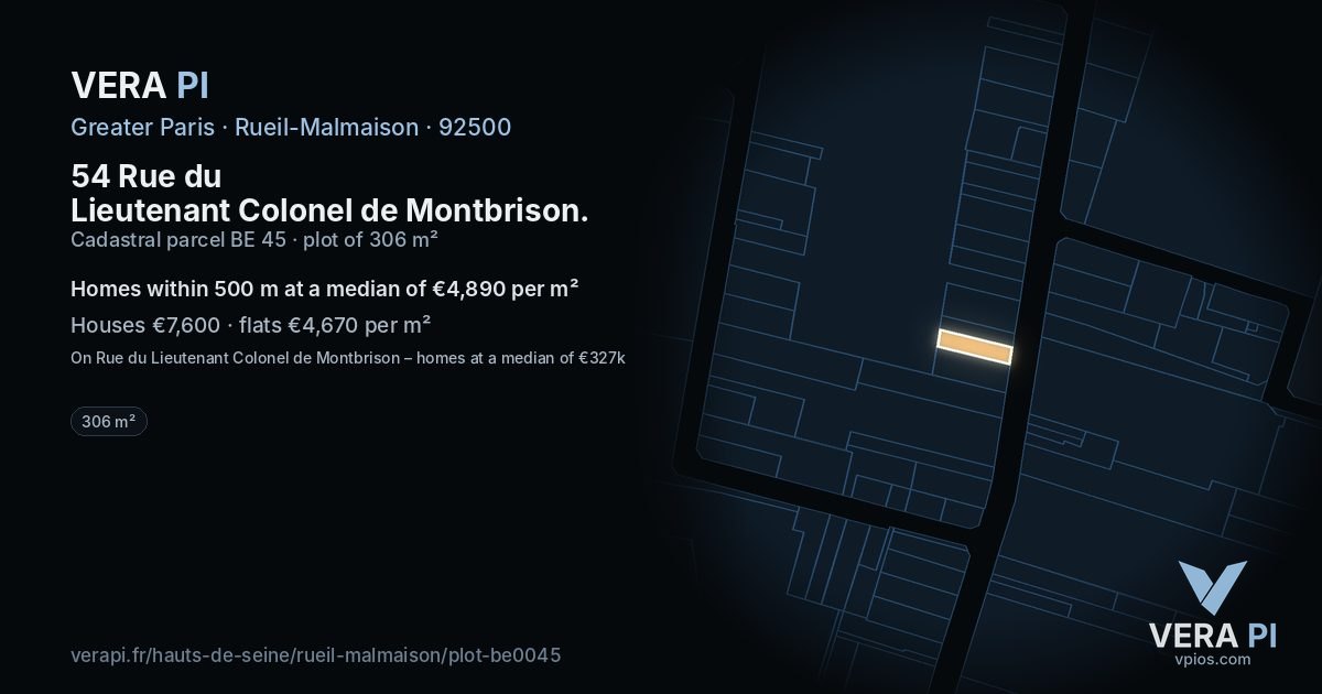 54 Rue du Lieutenant Colonel de Montbrison, Rueil-Malmaison at night – the plot lit, the parcels around coloured by the prices near them