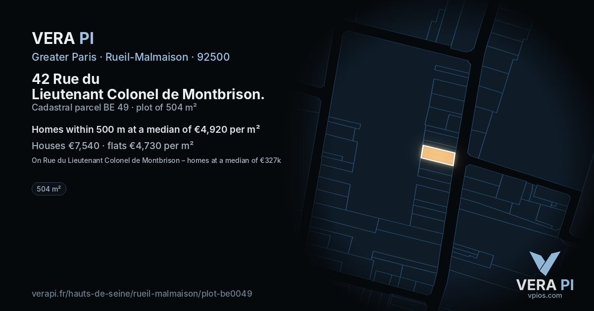 42 Rue du Lieutenant Colonel de Montbrison, Rueil-Malmaison at night – the plot lit, the parcels around coloured by the prices near them