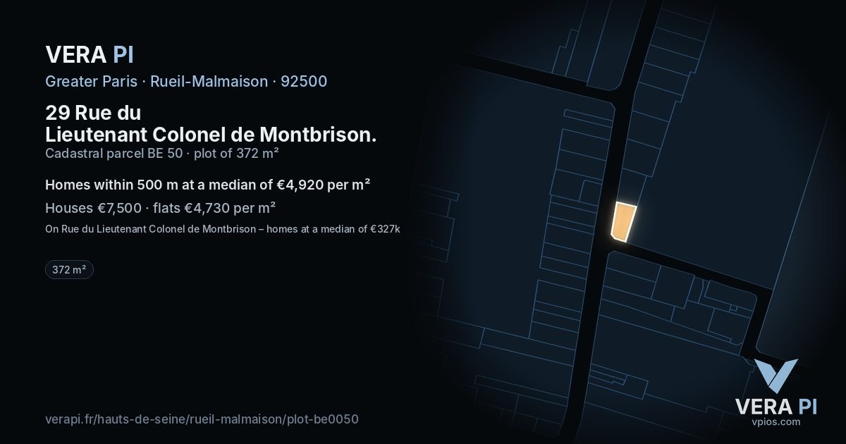29 Rue du Lieutenant Colonel de Montbrison, Rueil-Malmaison at night – the plot lit, the parcels around coloured by the prices near them