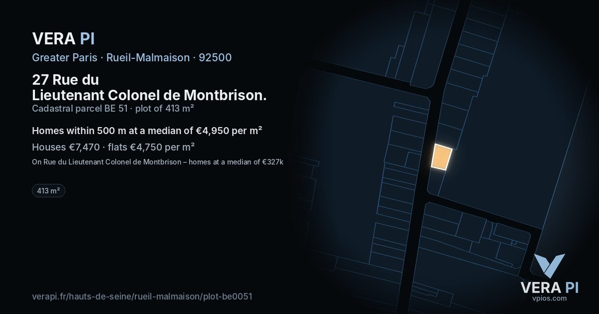 27 Rue du Lieutenant Colonel de Montbrison, Rueil-Malmaison at night – the plot lit, the parcels around coloured by the prices near them