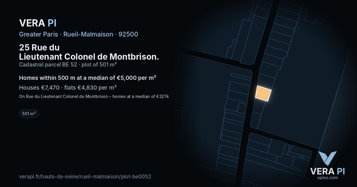 25 Rue du Lieutenant Colonel de Montbrison, Rueil-Malmaison at night – the plot lit, the parcels around coloured by the prices near them