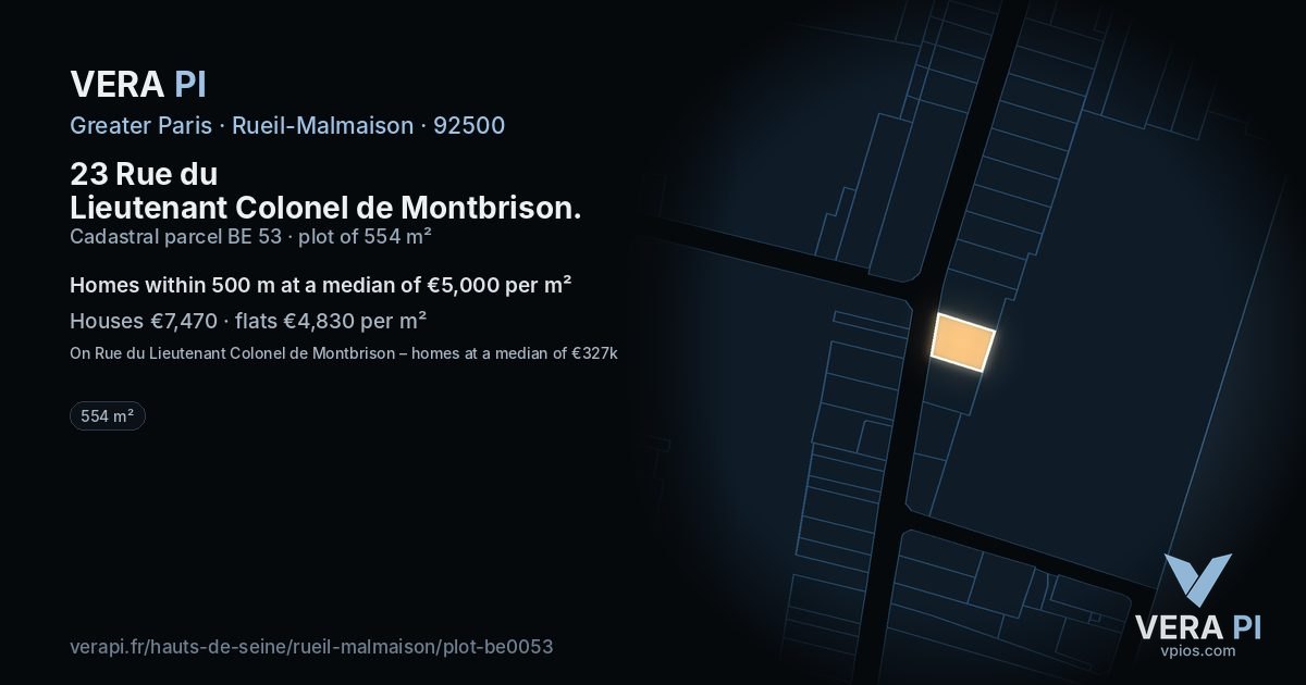 23 Rue du Lieutenant Colonel de Montbrison, Rueil-Malmaison at night – the plot lit, the parcels around coloured by the prices near them