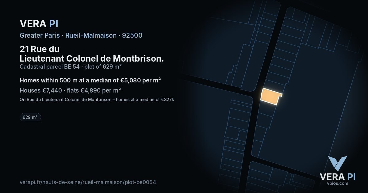 21 Rue du Lieutenant Colonel de Montbrison, Rueil-Malmaison at night – the plot lit, the parcels around coloured by the prices near them