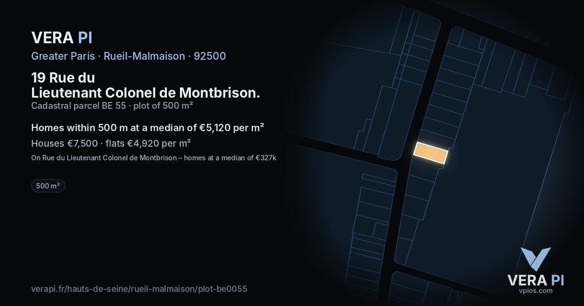 19 Rue du Lieutenant Colonel de Montbrison, Rueil-Malmaison at night – the plot lit, the parcels around coloured by the prices near them