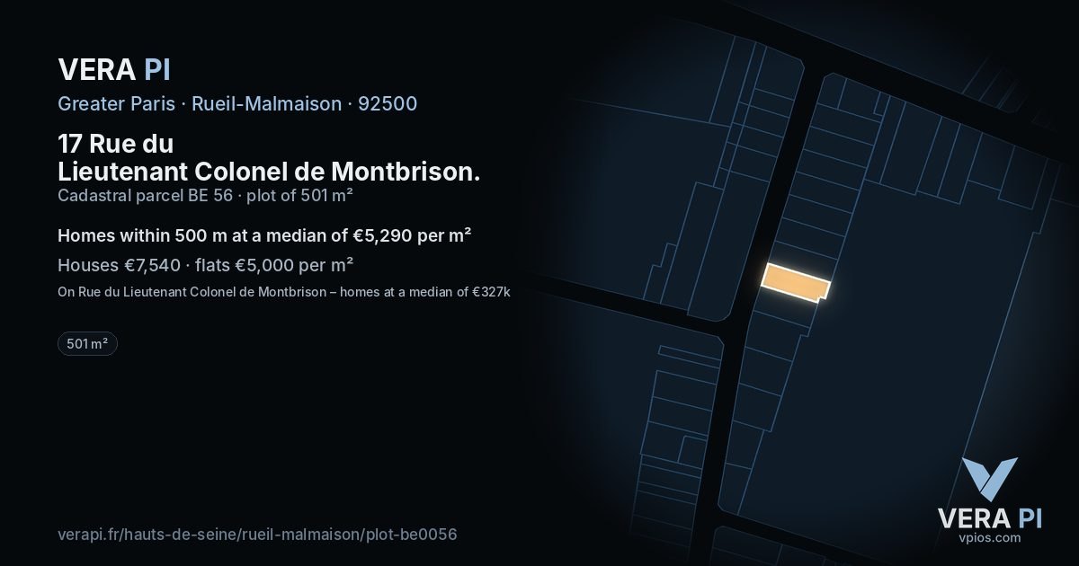 17 Rue du Lieutenant Colonel de Montbrison, Rueil-Malmaison at night – the plot lit, the parcels around coloured by the prices near them