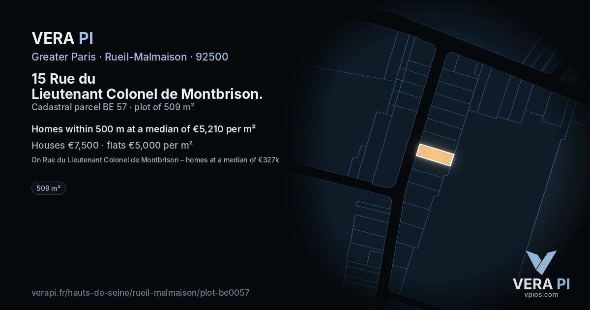 15 Rue du Lieutenant Colonel de Montbrison, Rueil-Malmaison at night – the plot lit, the parcels around coloured by the prices near them
