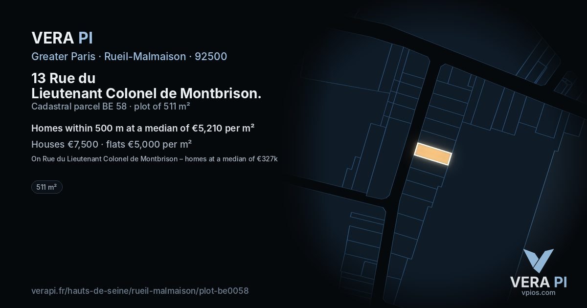13 Rue du Lieutenant Colonel de Montbrison, Rueil-Malmaison at night – the plot lit, the parcels around coloured by the prices near them