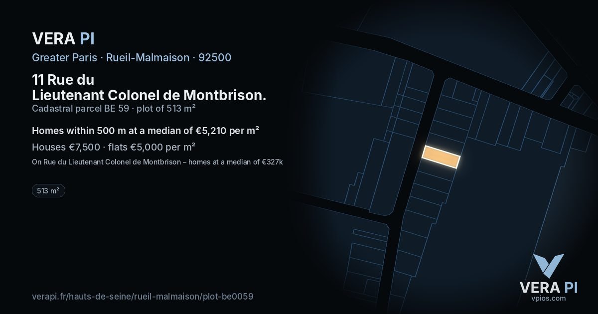 11 Rue du Lieutenant Colonel de Montbrison, Rueil-Malmaison at night – the plot lit, the parcels around coloured by the prices near them