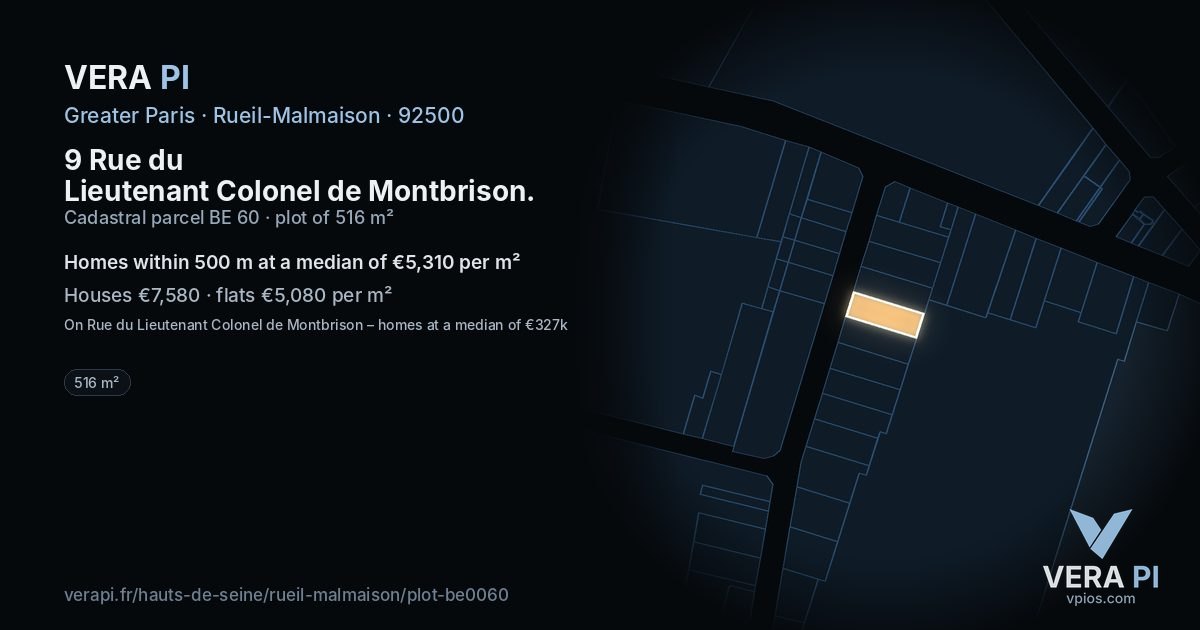 9 Rue du Lieutenant Colonel de Montbrison, Rueil-Malmaison at night – the plot lit, the parcels around coloured by the prices near them