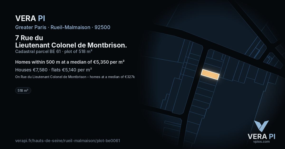 7 Rue du Lieutenant Colonel de Montbrison, Rueil-Malmaison at night – the plot lit, the parcels around coloured by the prices near them