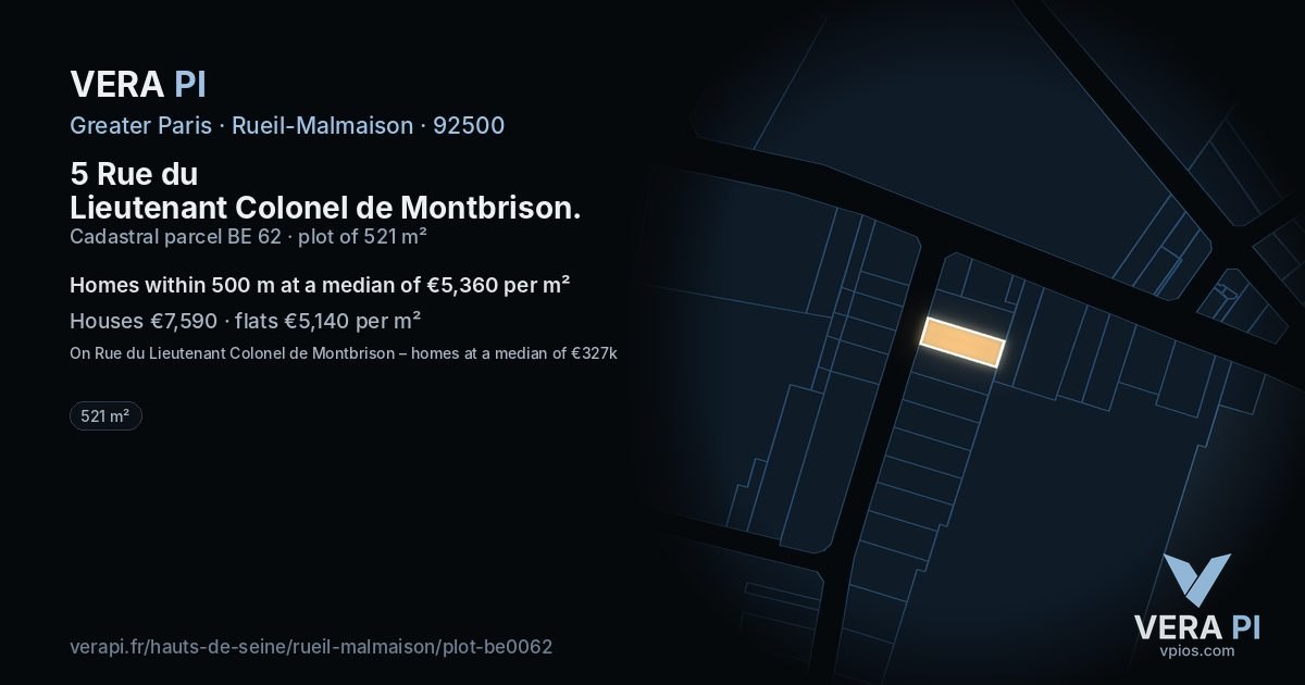 5 Rue du Lieutenant Colonel de Montbrison, Rueil-Malmaison at night – the plot lit, the parcels around coloured by the prices near them