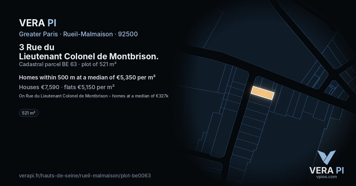 3 Rue du Lieutenant Colonel de Montbrison, Rueil-Malmaison at night – the plot lit, the parcels around coloured by the prices near them