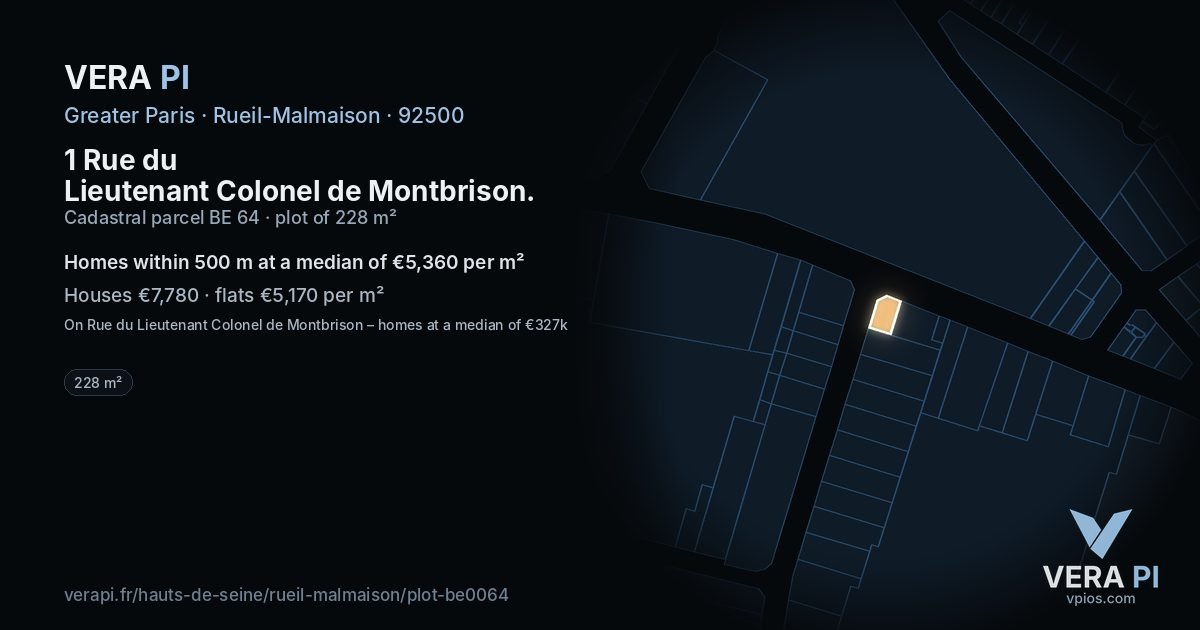 1 Rue du Lieutenant Colonel de Montbrison, Rueil-Malmaison at night – the plot lit, the parcels around coloured by the prices near them
