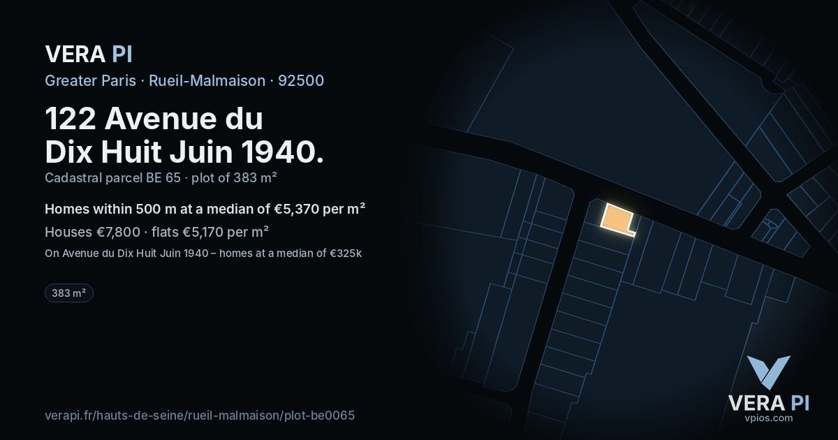 122 Avenue du Dix Huit Juin 1940, Rueil-Malmaison at night – the plot lit, the parcels around coloured by the prices near them