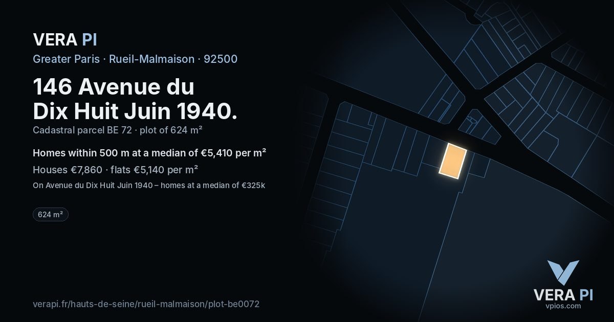 146 Avenue du Dix Huit Juin 1940, Rueil-Malmaison at night – the plot lit, the parcels around coloured by the prices near them