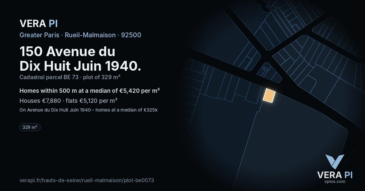 150 Avenue du Dix Huit Juin 1940, Rueil-Malmaison at night – the plot lit, the parcels around coloured by the prices near them