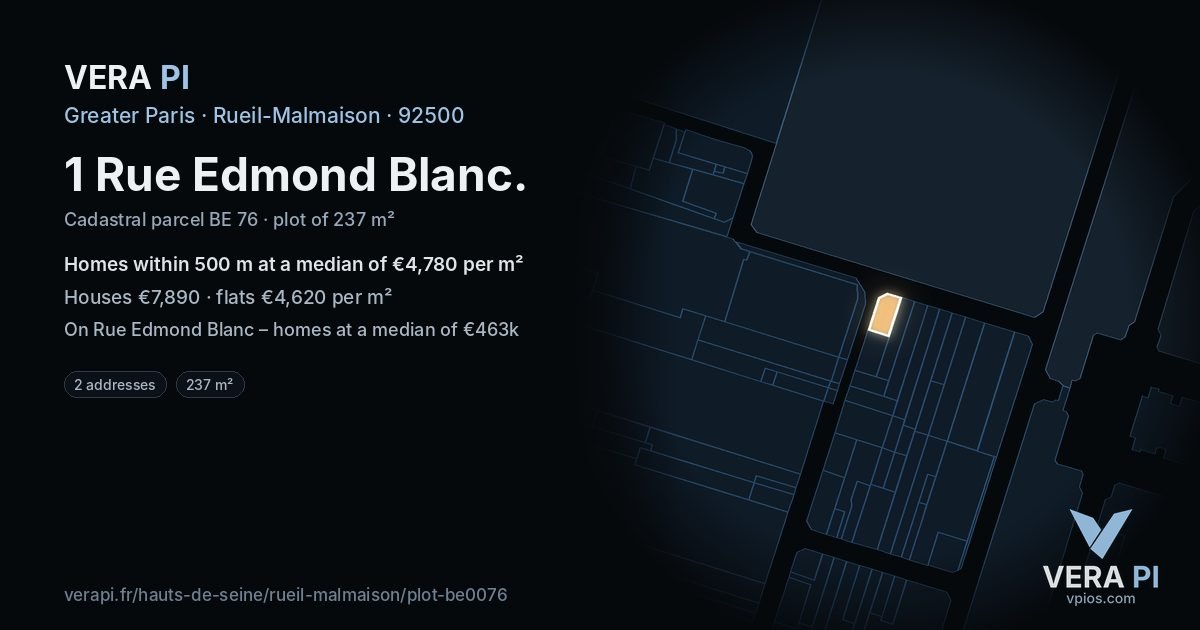 1 Rue Edmond Blanc, Rueil-Malmaison at night – the plot lit, the parcels around coloured by the prices near them