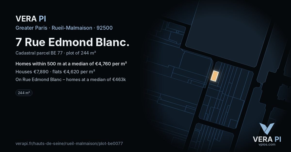 7 Rue Edmond Blanc, Rueil-Malmaison at night – the plot lit, the parcels around coloured by the prices near them