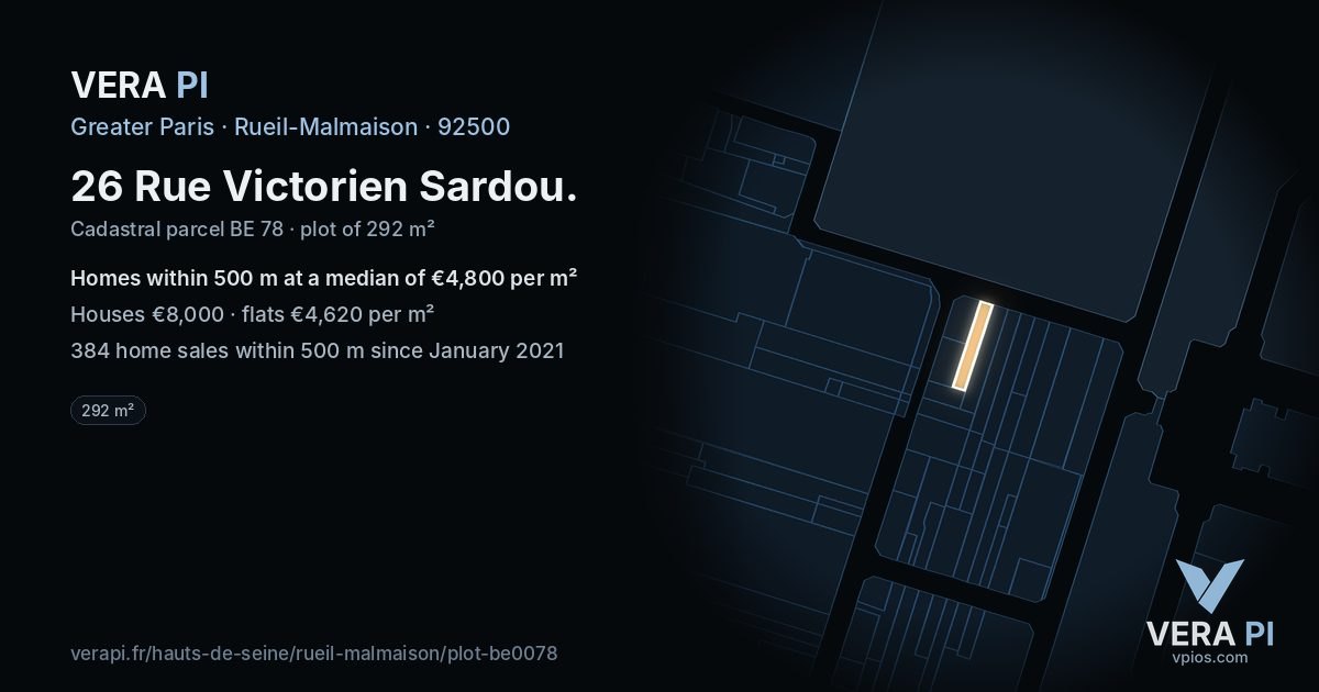 26 Rue Victorien Sardou, Rueil-Malmaison at night – the plot lit, the parcels around coloured by the prices near them