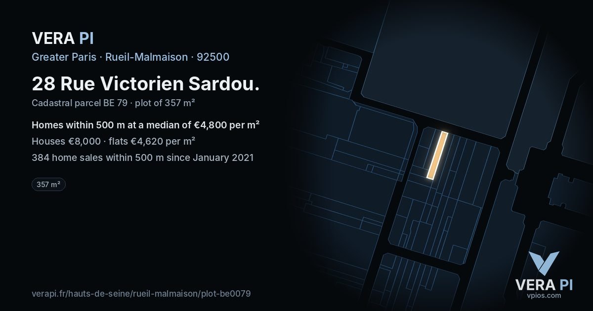 28 Rue Victorien Sardou, Rueil-Malmaison at night – the plot lit, the parcels around coloured by the prices near them