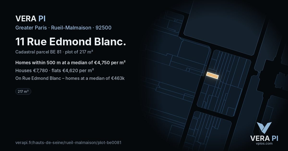 11 Rue Edmond Blanc, Rueil-Malmaison at night – the plot lit, the parcels around coloured by the prices near them