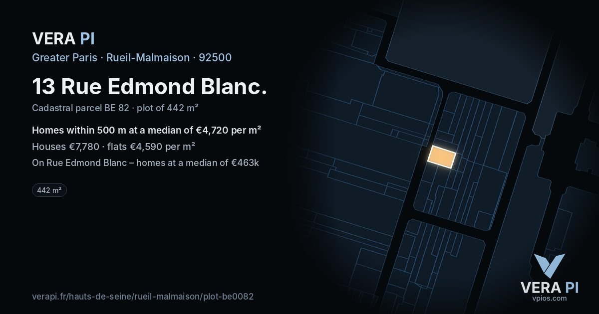 13 Rue Edmond Blanc, Rueil-Malmaison at night – the plot lit, the parcels around coloured by the prices near them