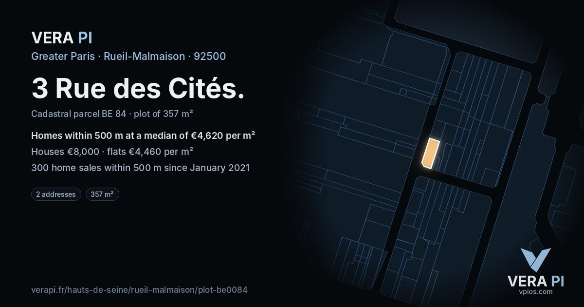 3 Rue des Cités, Rueil-Malmaison at night – the plot lit, the parcels around coloured by the prices near them