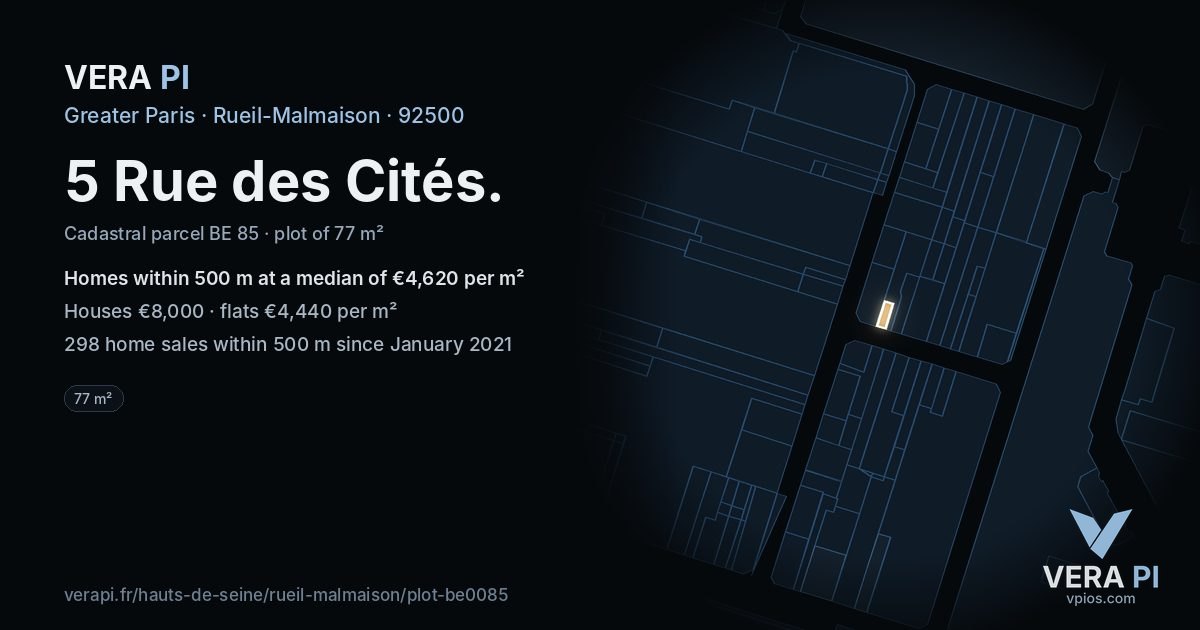 5 Rue des Cités, Rueil-Malmaison at night – the plot lit, the parcels around coloured by the prices near them