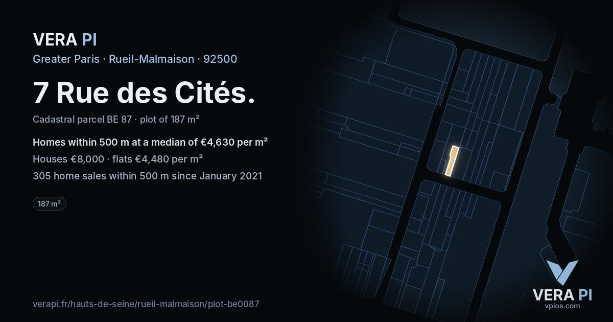 7 Rue des Cités, Rueil-Malmaison at night – the plot lit, the parcels around coloured by the prices near them