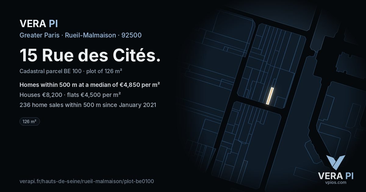 15 Rue des Cités, Rueil-Malmaison at night – the plot lit, the parcels around coloured by the prices near them