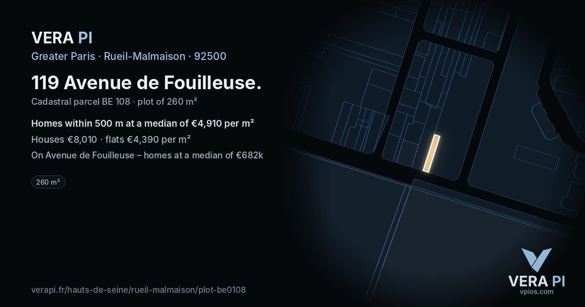 119 Avenue de Fouilleuse, Rueil-Malmaison at night – the plot lit, the parcels around coloured by the prices near them