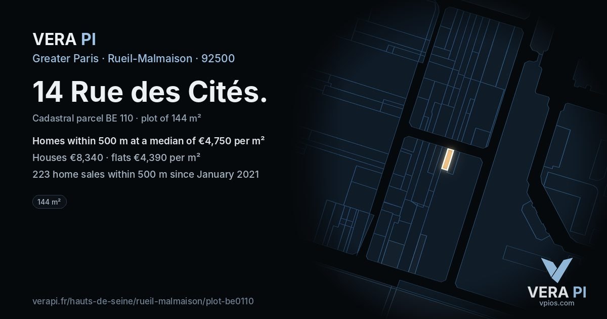 14 Rue des Cités, Rueil-Malmaison at night – the plot lit, the parcels around coloured by the prices near them