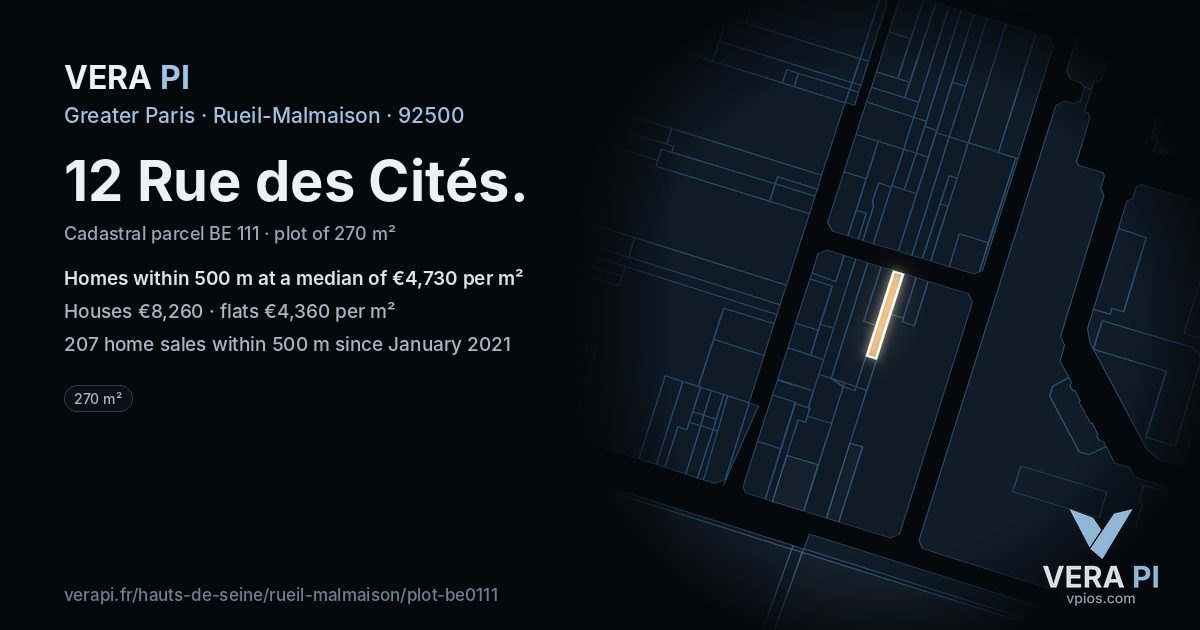 12 Rue des Cités, Rueil-Malmaison at night – the plot lit, the parcels around coloured by the prices near them